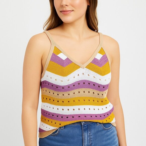 Ultra Flirt Crochet Stripe Knit Cami Tank Top Womens 1X Yellow Purple Boho NWT - Picture 1 of 12